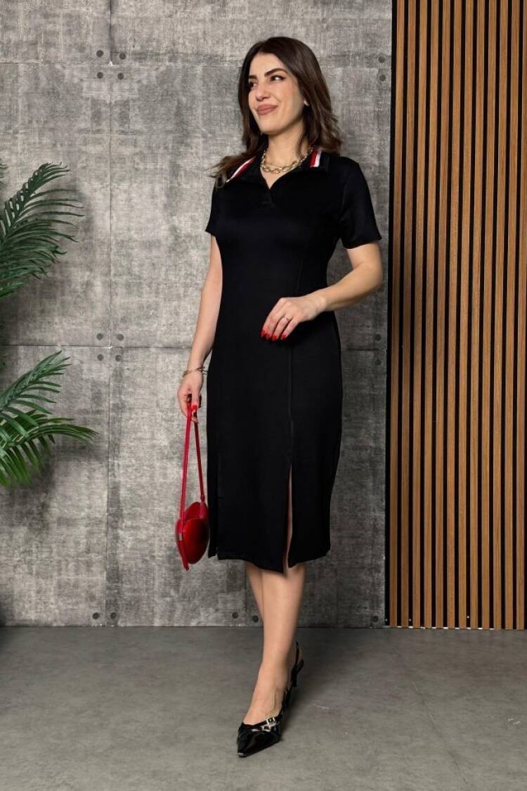Women's Short Sleeve Collar Slit Midi Viscose Two-Thread Dress - Black