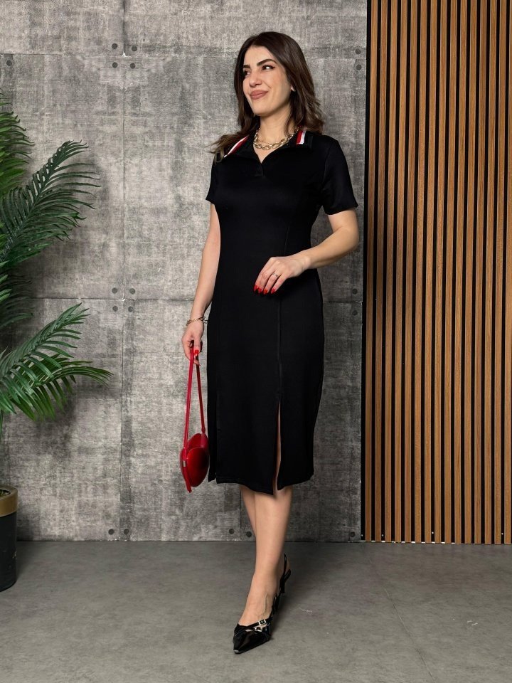 Women's Short Sleeve Collar Slit Midi Viscose Two-Thread Dress - Black
