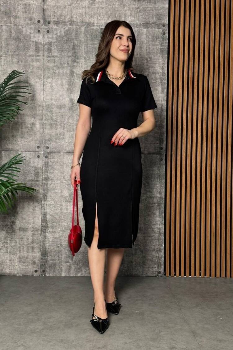 Women's Short Sleeve Collar Slit Midi Viscose Two-Thread Dress - Black