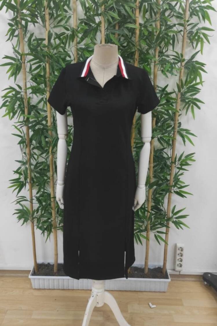 Women's Short Sleeve Collar Slit Midi Viscose Two-Thread Dress - Black