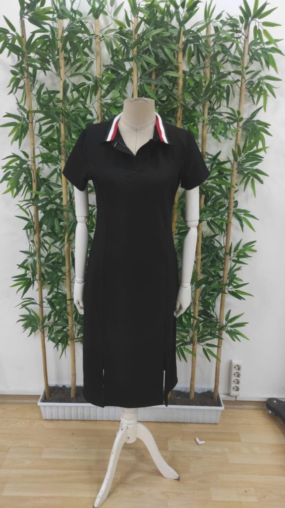 Women's Short Sleeve Collar Slit Midi Viscose Two-Thread Dress - Black