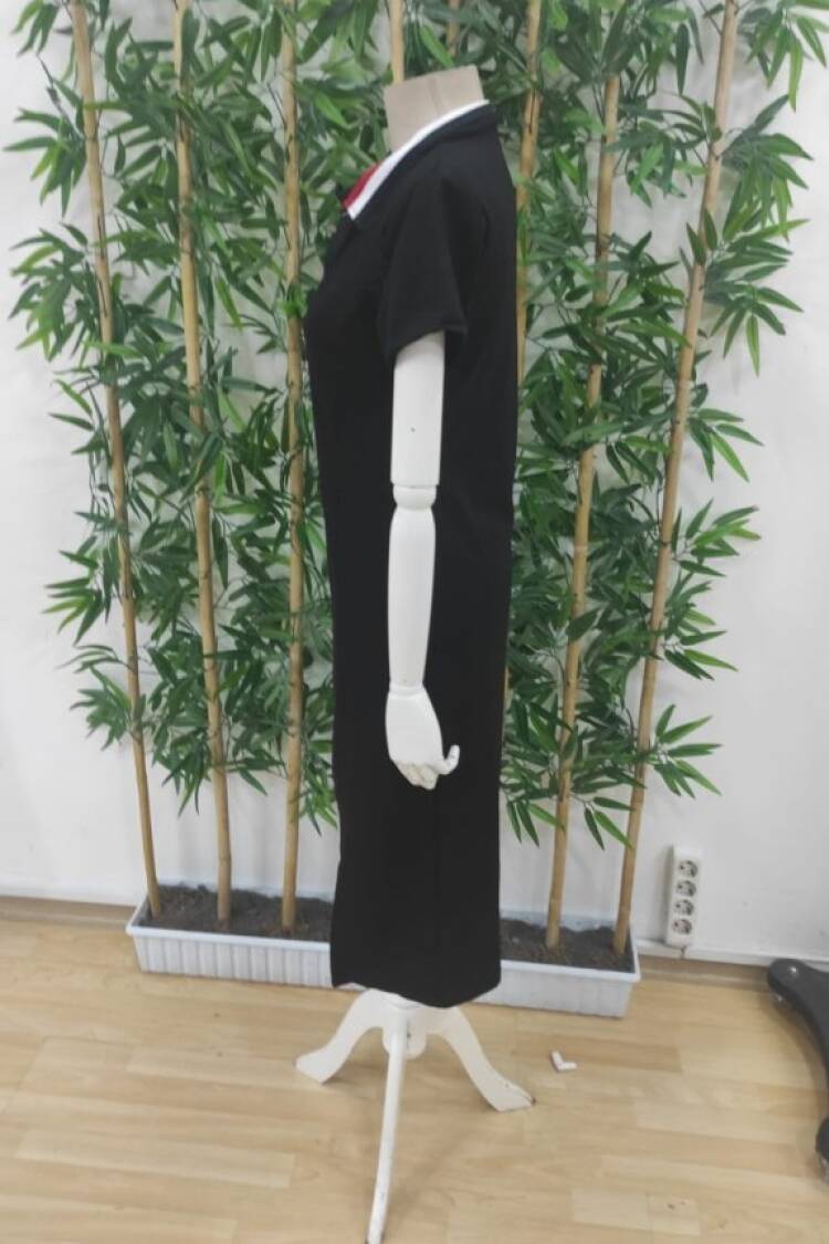 Women's Short Sleeve Collar Slit Midi Viscose Two-Thread Dress - Black