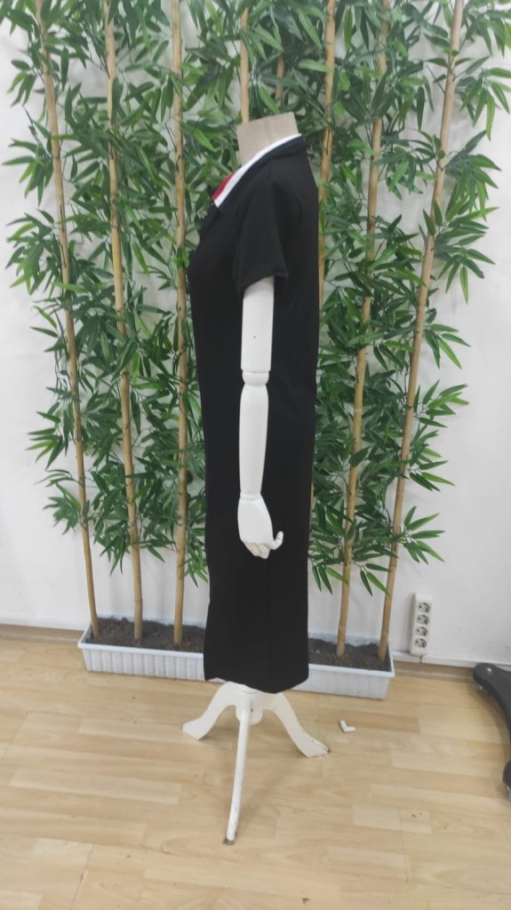Women's Short Sleeve Collar Slit Midi Viscose Two-Thread Dress - Black