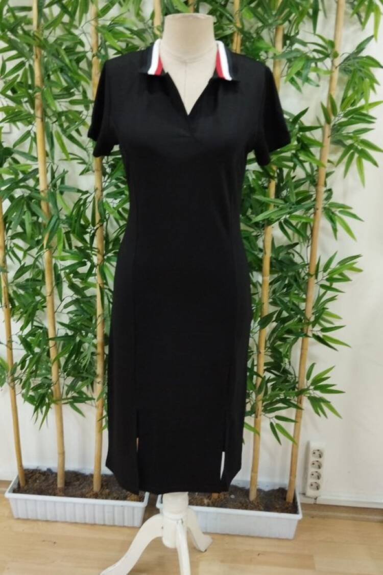 Women's Short Sleeve Collar Slit Midi Viscose Two-Thread Dress - Black