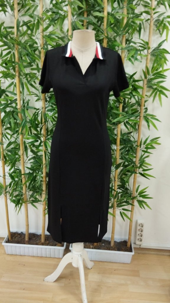 Women's Short Sleeve Collar Slit Midi Viscose Two-Thread Dress - Black