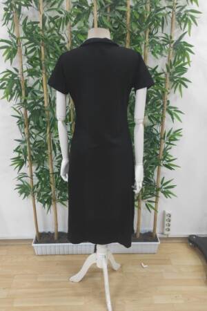 Women's Short Sleeve Collar Slit Midi Viscose Two-Thread Dress - Black - Brand: Janes - Women's Clothing Wholesale - Globality Store