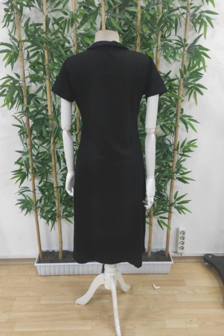 Women's Short Sleeve Collar Slit Midi Viscose Two-Thread Dress - Black