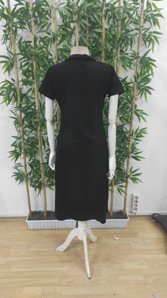 Women's Short Sleeve Collar Slit Midi Viscose Two-Thread Dress - Black
