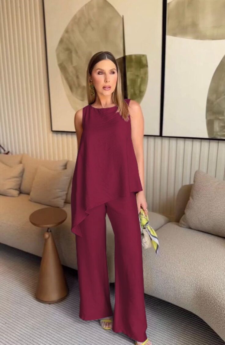 Asymmetric Blouse & Pants Double Set