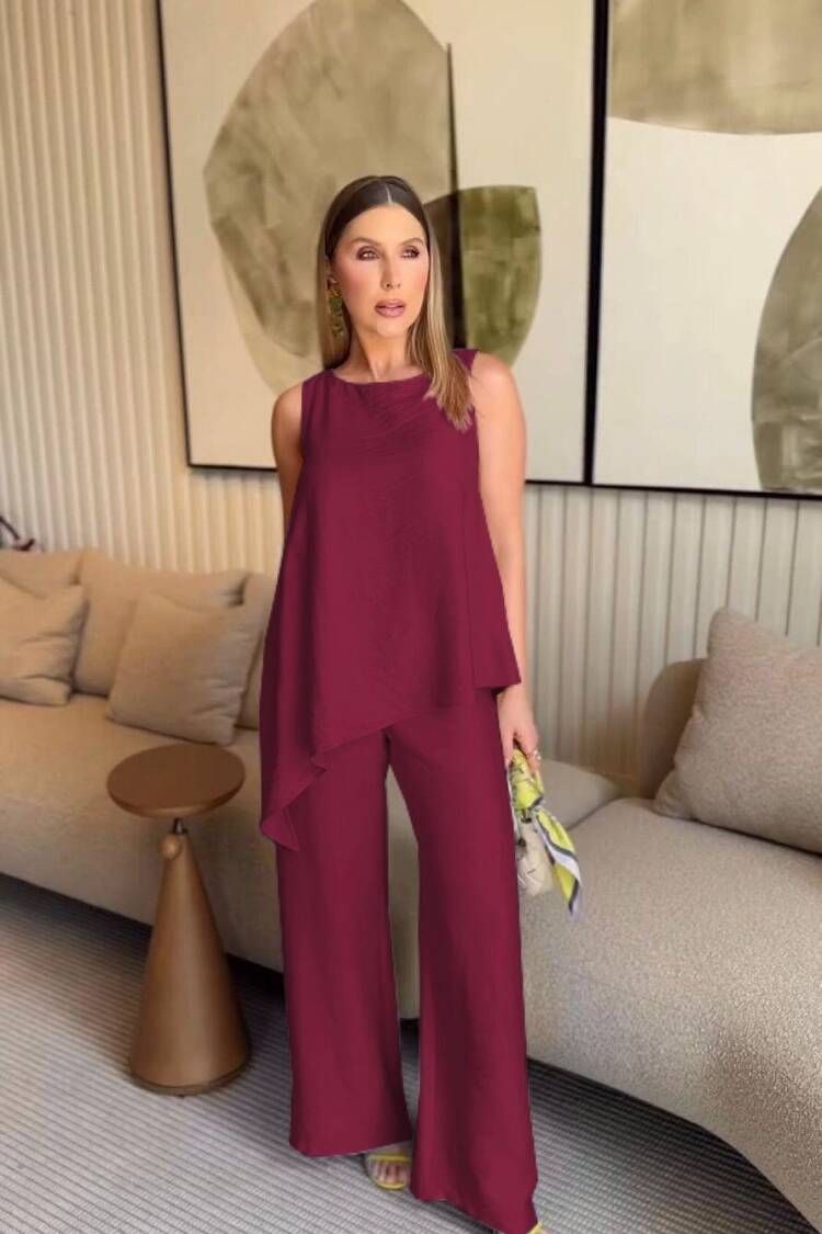 Asymmetric Blouse & Pants Double Set