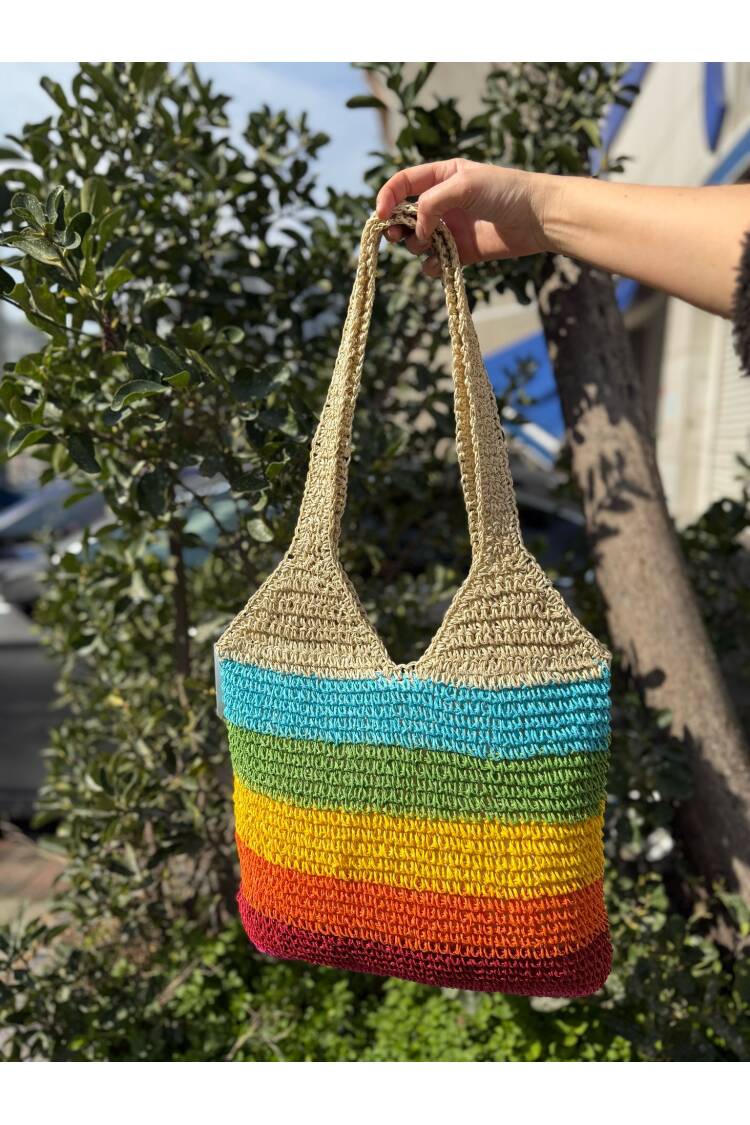 Hand Knitted Rainbow Stripe Straw Bag - Multicolor - Brand: Axesoire - Women's Clothing Wholesale - Globality Store