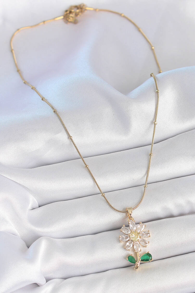 316l Steel Gold Color Minimal Ball Chain Zircon Stone Daisy Model Women Necklace