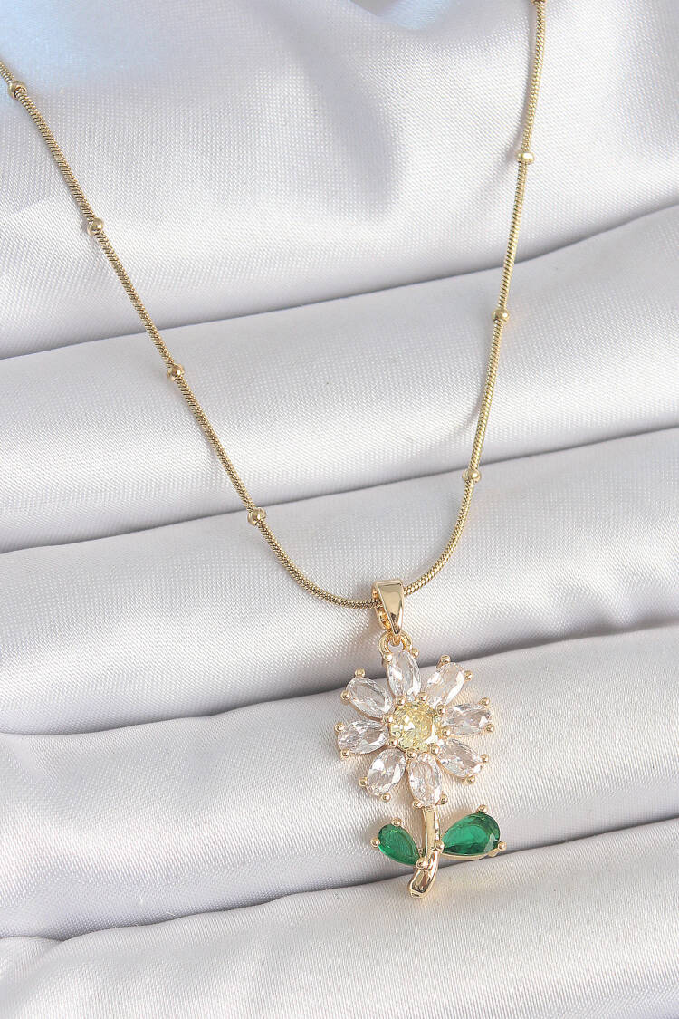 316l Steel Gold Color Minimal Ball Chain Zircon Stone Daisy Model Women Necklace - Brand: Ebijuteri - Women's Clothing Wholesale - Globality Store