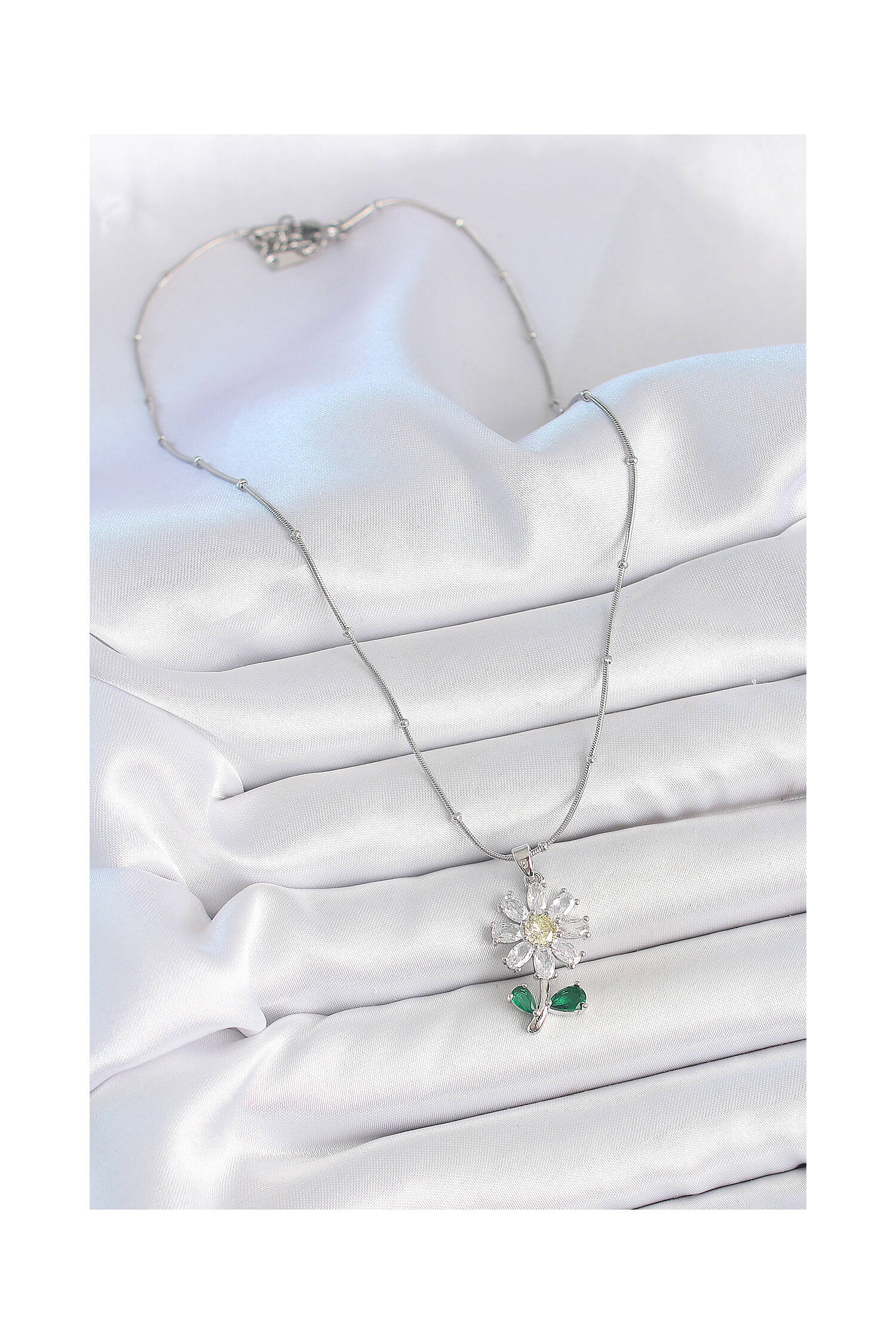 316l Steel Silver Color Minimal Ball Chain Zircon Stone Daisy Model Women Necklace - Brand: Ebijuteri - Women's Clothing Wholesale - Globality Store