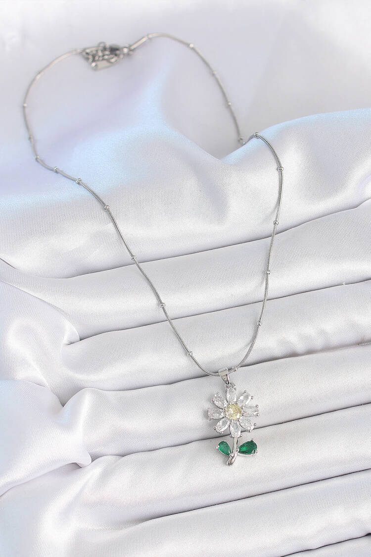 316l Steel Silver Color Minimal Ball Chain Zircon Stone Daisy Model Women Necklace