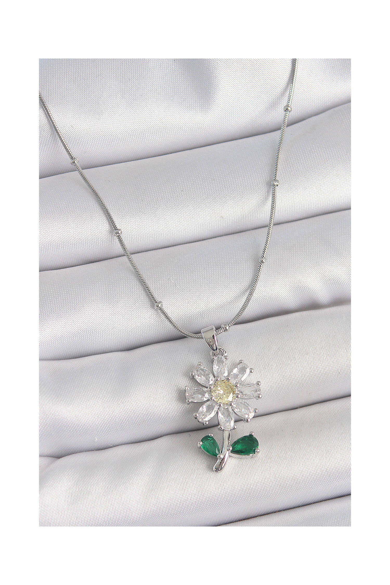 316l Steel Silver Color Minimal Ball Chain Zircon Stone Daisy Model Women Necklace - Brand: Ebijuteri - Women's Clothing Wholesale - Globality Store