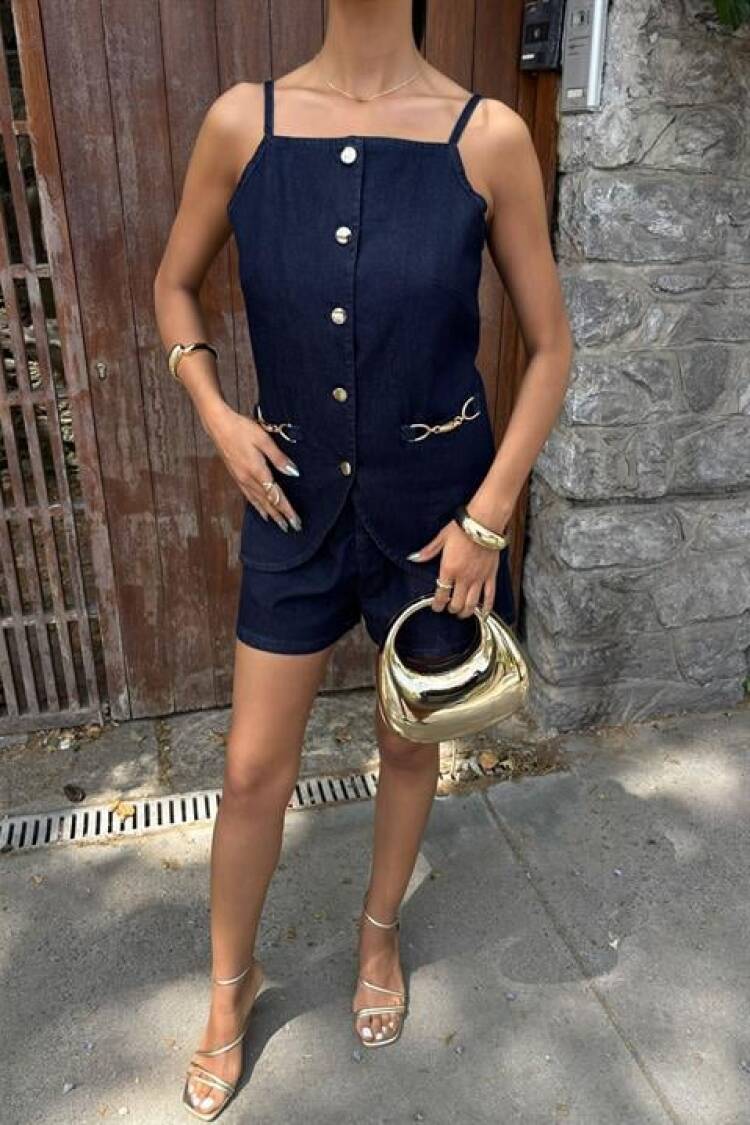 Gold Accessory And Buttoned Shorts Suit
