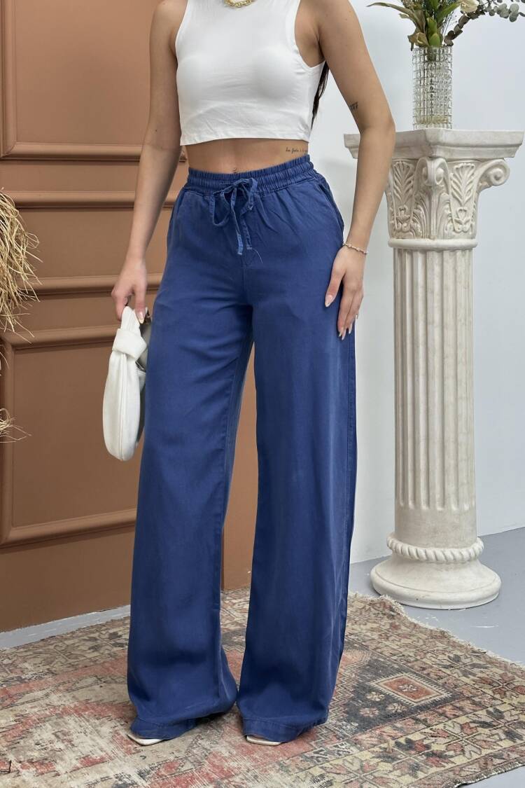 Elastic Waist Slippery Indigo Palazzo Pants - Brand: LACARINO - Women's Clothing Wholesale - Globality Store