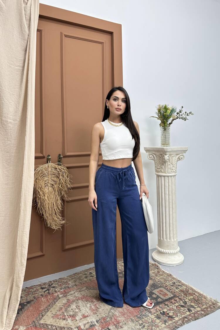 Elastic Waist Slippery Indigo Palazzo Pants