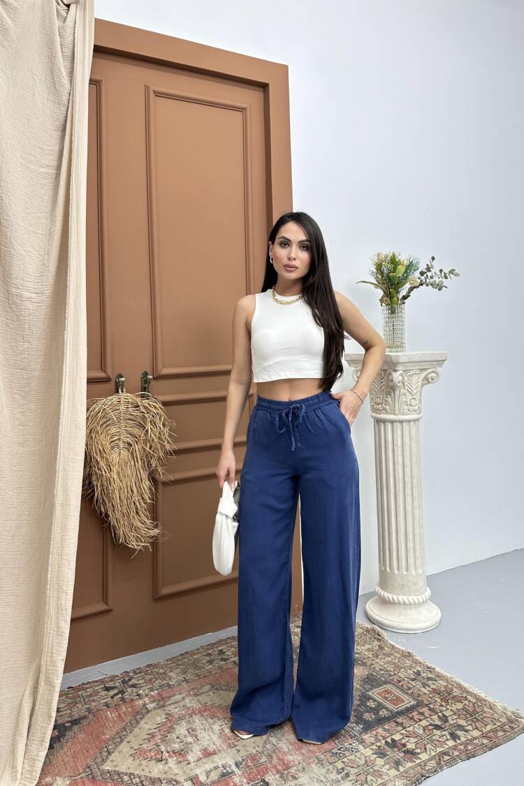 Elastic Waist Slippery Indigo Palazzo Pants