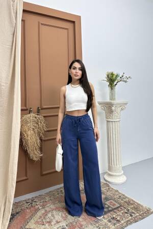 Elastic Waist Slippery Indigo Palazzo Pants - Brand: LACARINO - Women's Clothing Wholesale - Globality Store