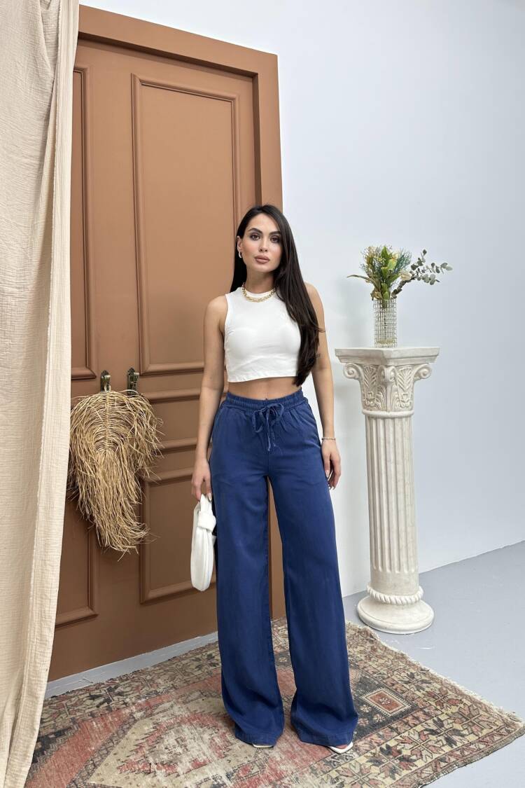 Elastic Waist Slippery Indigo Palazzo Pants