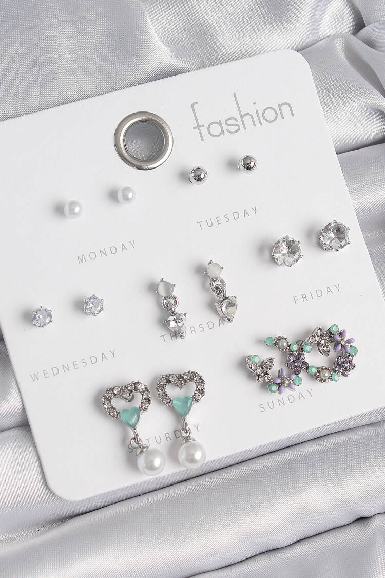 Brass Silver Color Zircon Stone Swinging Heart Pattern Flower Detail 7 Pair Women Earrings Set - Brand: Ebijuteri - Women's Clothing Wholesale - Globality Store