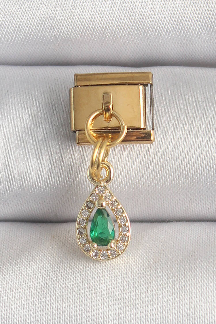 316l Steel Gold Color Swinging Drop Green Zircon Stone Nomination Charm - Brand: Ebijuteri - Women's Clothing Wholesale - Globality Store