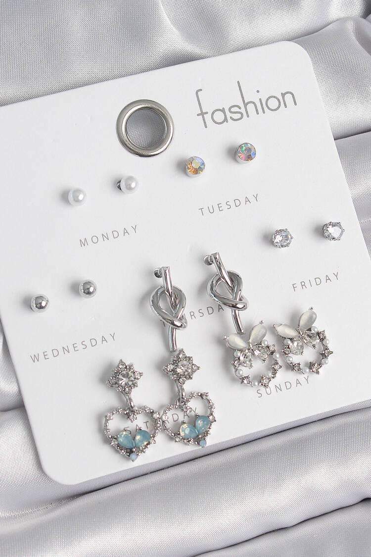 Brass Silver Color Rocking Zircon Stone Heart Model Knot Detail 7 Pair Women Earrings Set - Brand: Ebijuteri - Women's Clothing Wholesale - Globality Store