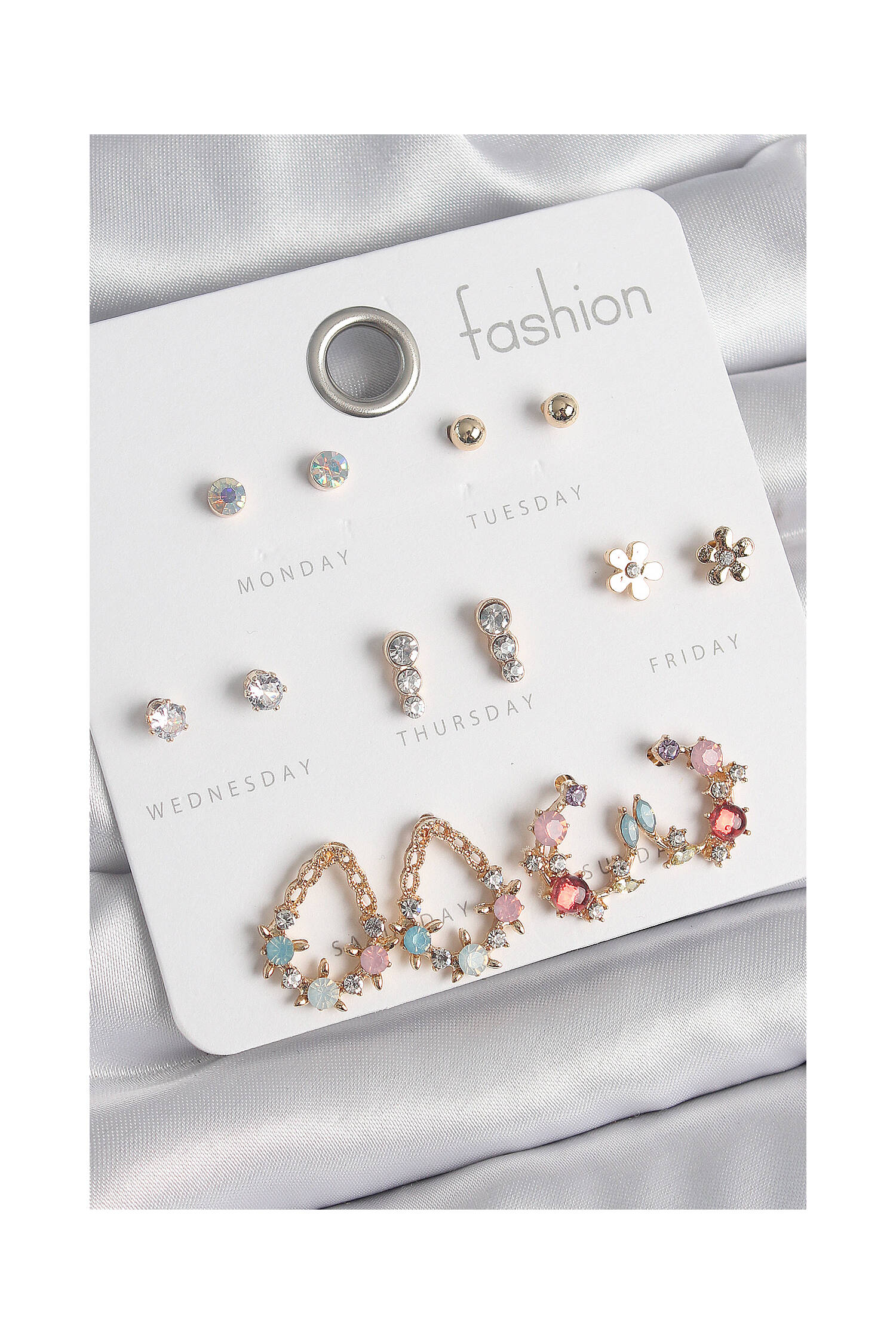 Brass Gold Color Zircon Stone Drop Model Star Detailed 7 Pair Women Earrings Set - Brand: Ebijuteri - Women's Clothing Wholesale - Globality Store