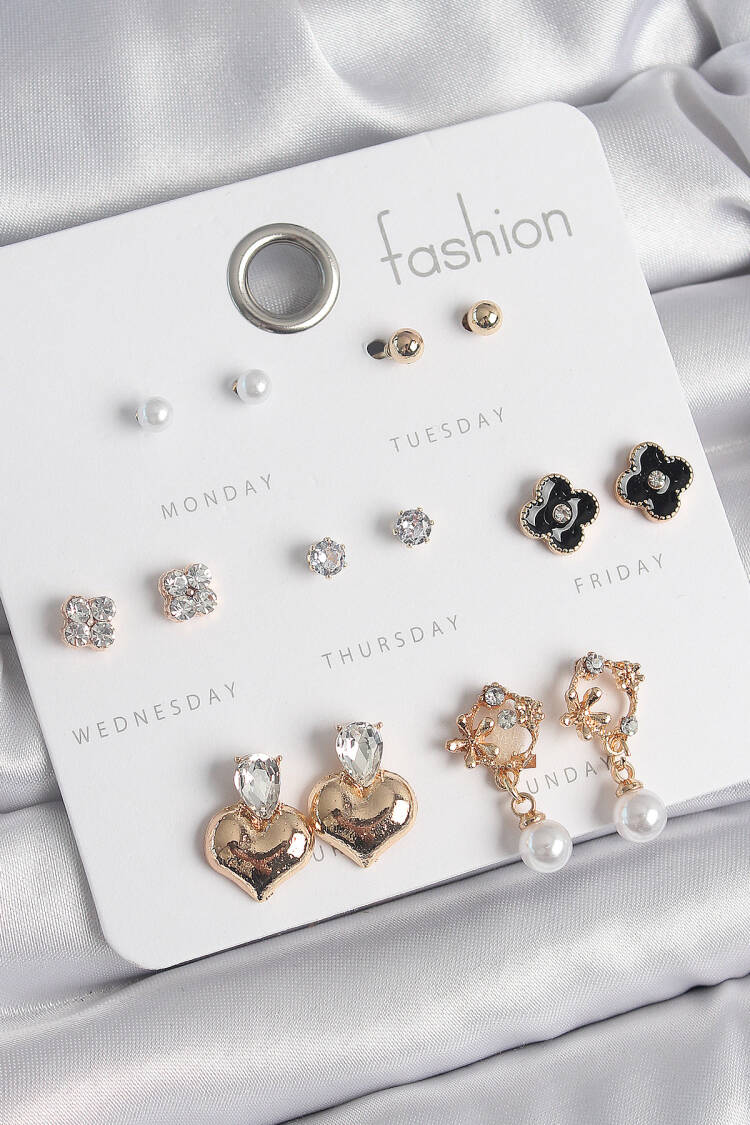 Brass Gold Color Zircon Stone Heart Figure Black Clover Detail 7 Pair Women Earrings Set - Brand: Ebijuteri - Women's Clothing Wholesale - Globality Store
