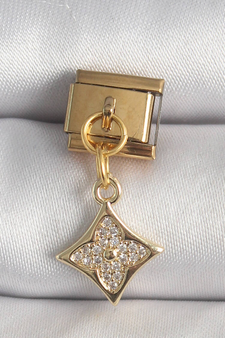 316l Steel Gold Color Swinging Zircon Stone Flower Embroidered Nomination Charm - Brand: Ebijuteri - Women's Clothing Wholesale - Globality Store