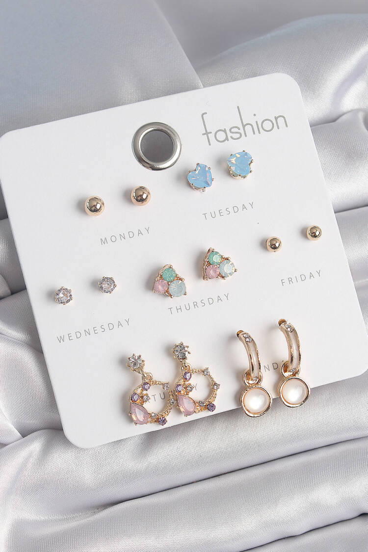 Brass Gold Color Zircon Stone Swing Ring Figure Heart Detail 7 Pair Women Earrings - Brand: Ebijuteri - Women's Clothing Wholesale - Globality Store
