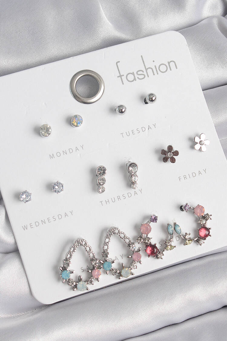 Brass Silver Color Zircon Stone Drop Pattern Flower Detail 7 Pair Women Earrings Set - Brand: Ebijuteri - Women's Clothing Wholesale - Globality Store