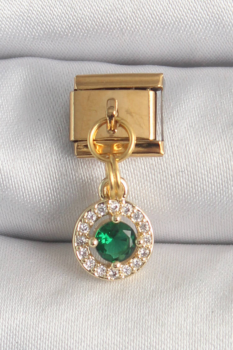 316l Steel Gold Color Swinging Green Zircon Stone Nomination Charm - Brand: Ebijuteri - Women's Clothing Wholesale - Globality Store