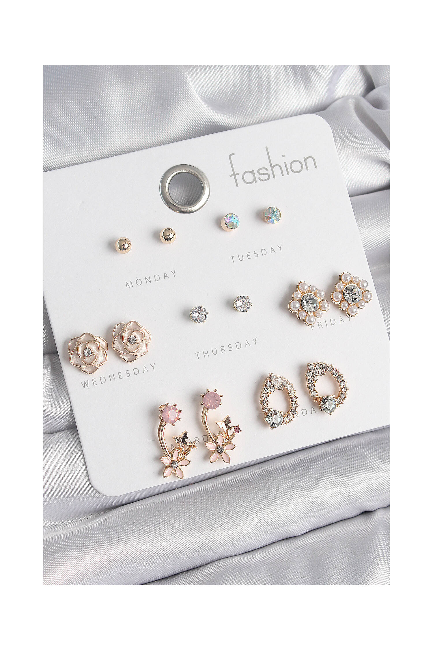 Brass Gold Color Zircon Stone Flower Figure 7 Pair Women Earrings Set - Brand: Ebijuteri - Women's Clothing Wholesale - Globality Store