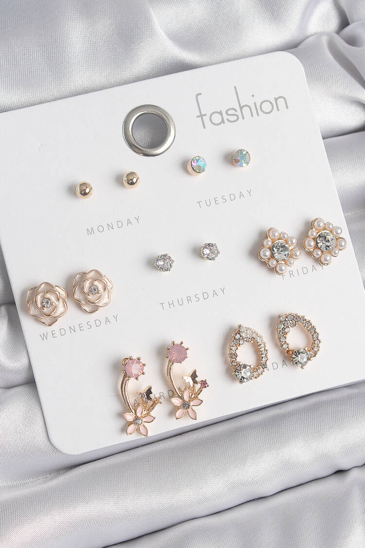 Brass Gold Color Zircon Stone Flower Figure 7 Pair Women Earrings Set - Brand: Ebijuteri - Women's Clothing Wholesale - Globality Store