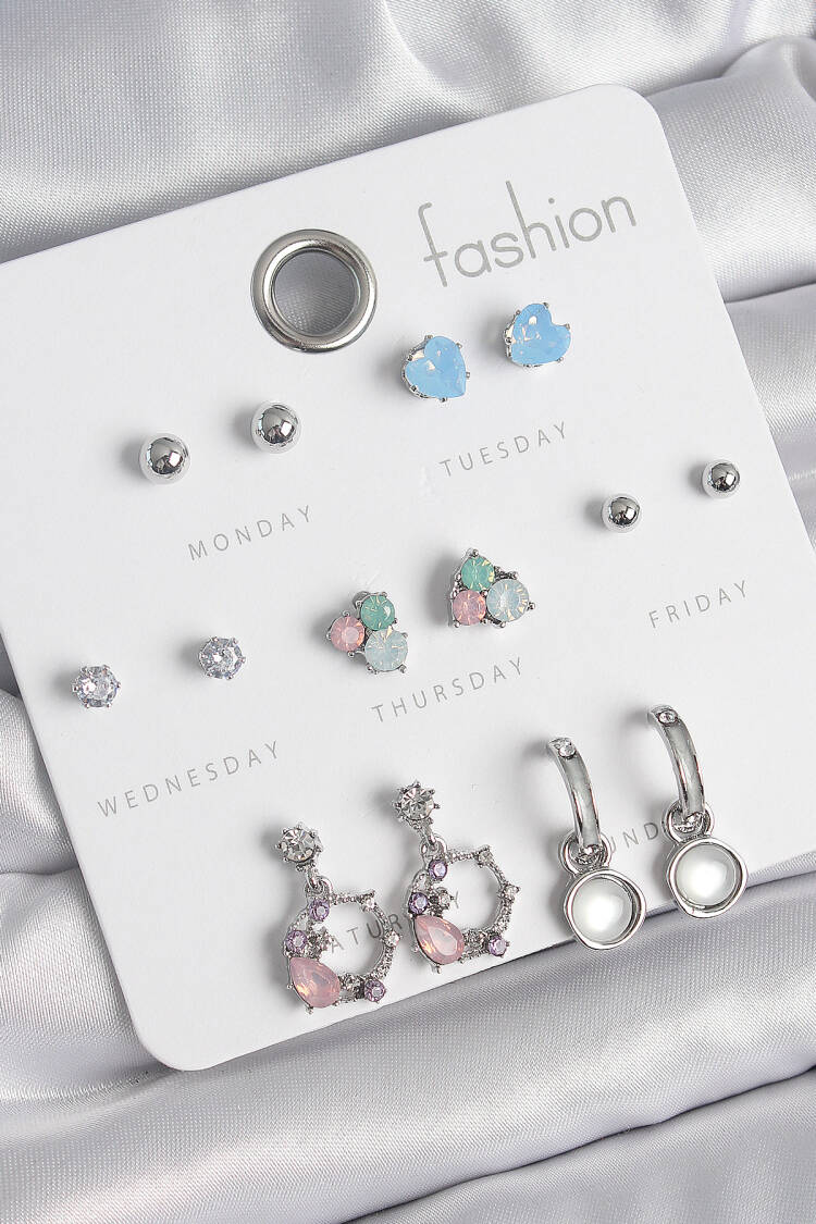 Brass Silver Color Zircon Stone Swing Ring Pattern Flower Detail 7 Pair Women Earrings Set - Brand: Ebijuteri - Women's Clothing Wholesale - Globality Store
