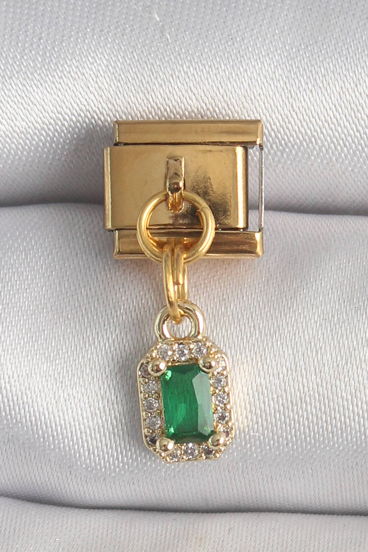 316l Steel Gold Color Swinging Square Green Zircon Stone Nomination Charm - Brand: Ebijuteri - Women's Clothing Wholesale - Globality Store