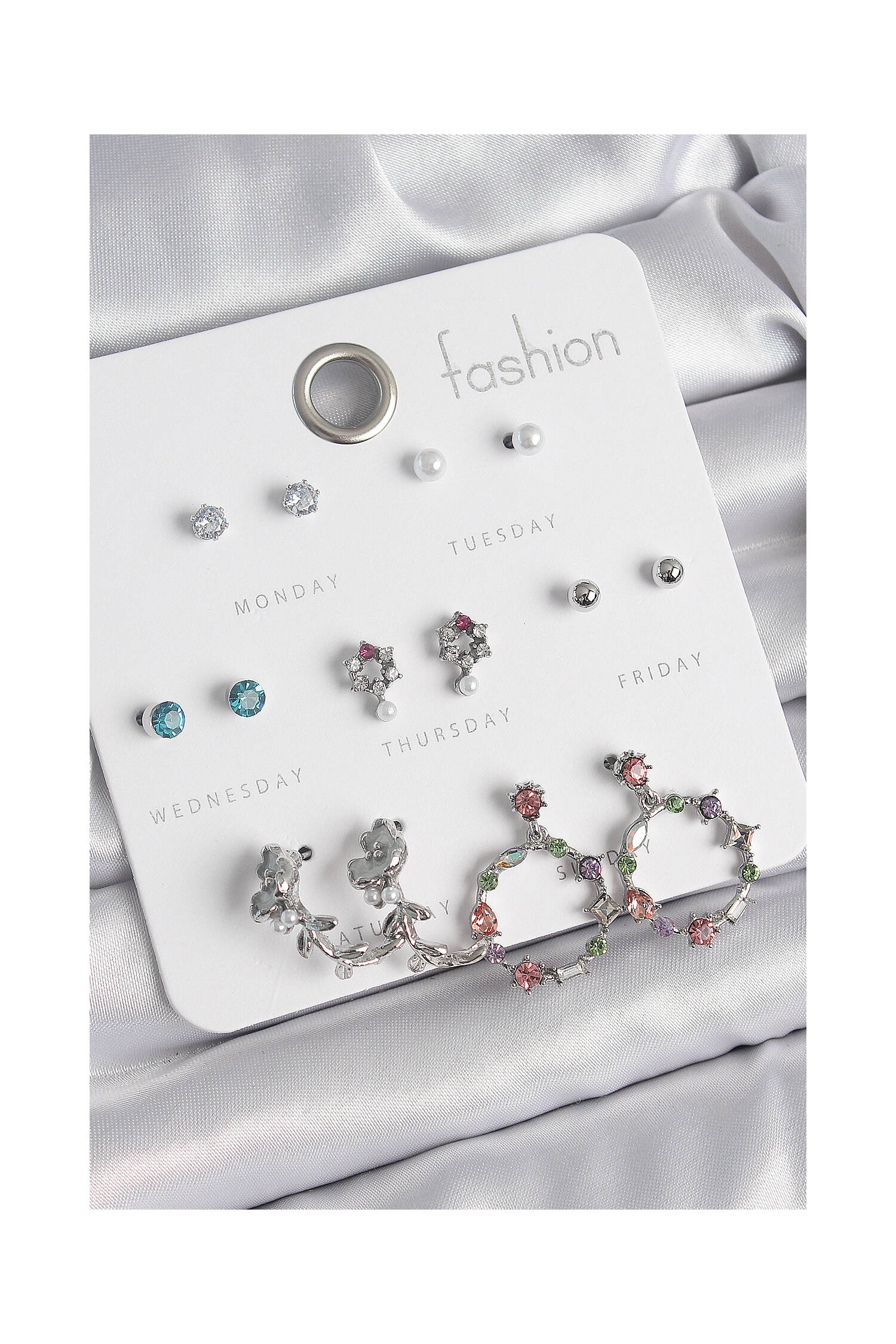 Brass Silver Color Zircon Stone Rose Figure Ring Model 7 Pair Women Earrings Set - Brand: Ebijuteri - Women's Clothing Wholesale - Globality Store