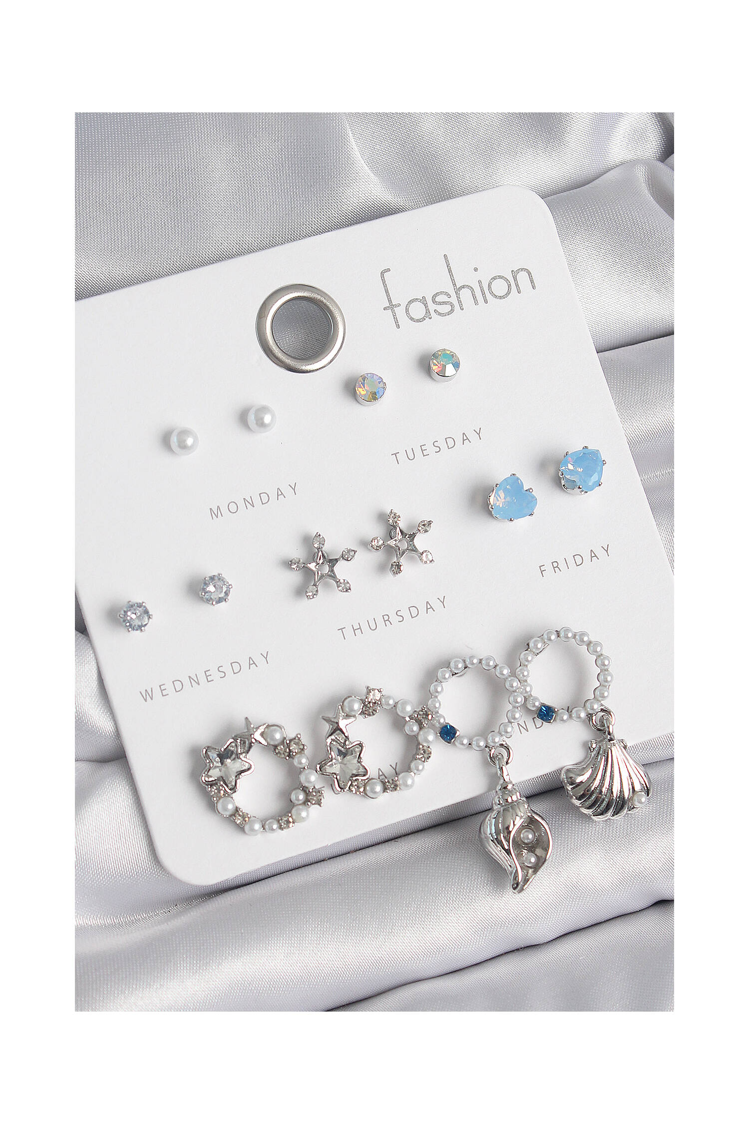 Brass Silver Color Pearl Zircon Stone Ring Figure Star Detail 7 Pair Women Earrings Set - Brand: Ebijuteri - Women's Clothing Wholesale - Globality Store