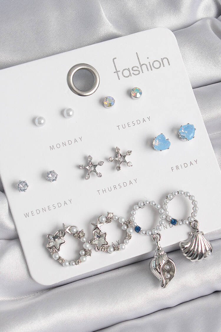 Brass Silver Color Pearl Zircon Stone Ring Figure Star Detail 7 Pair Women Earrings Set - Brand: Ebijuteri - Women's Clothing Wholesale - Globality Store