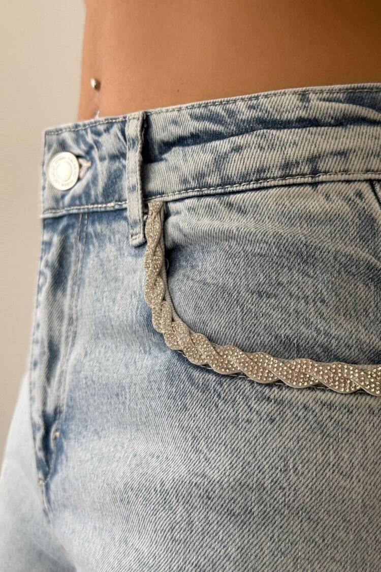High Waist Front Pocket Stone Embroidery Detailed LightJeans
