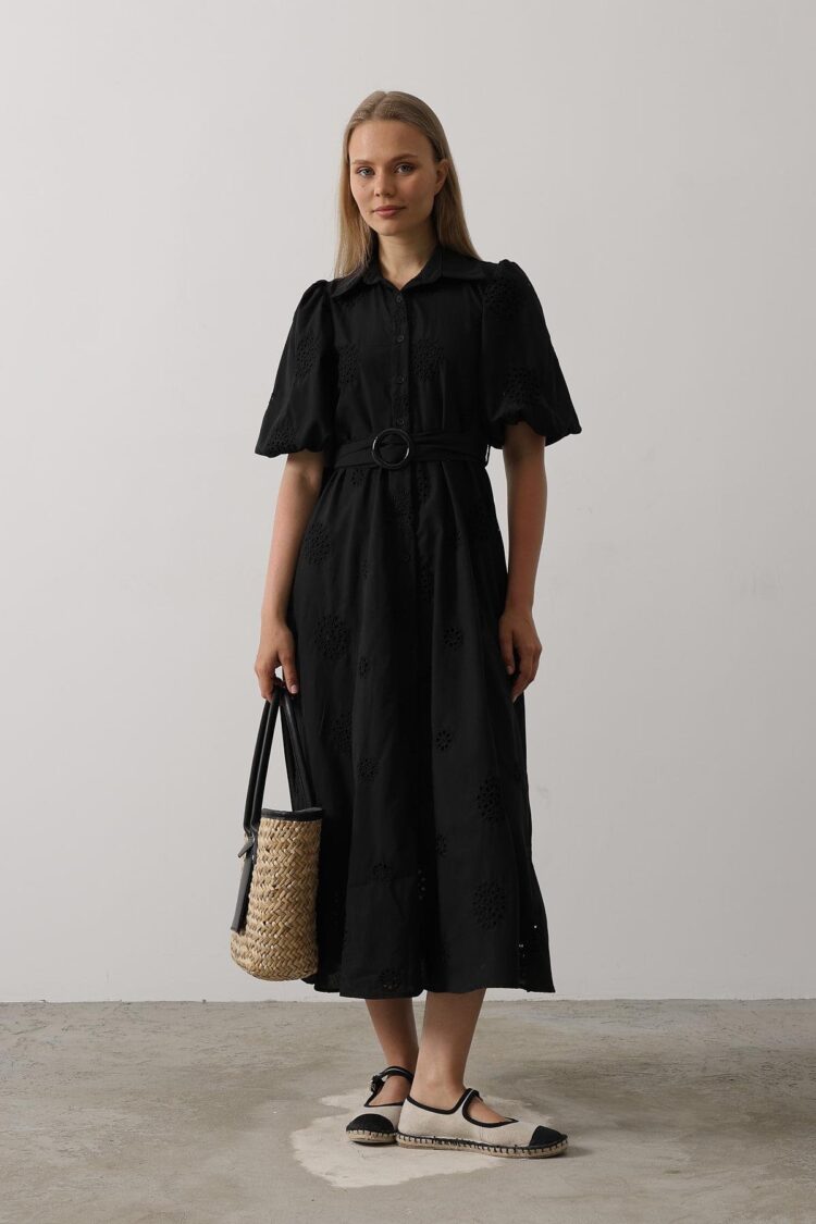 Embroidered Dress With Balloon Sleeve Belt