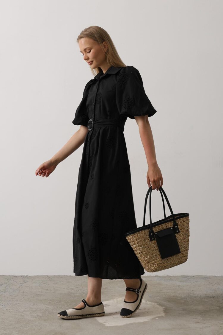 Embroidered Dress With Balloon Sleeve Belt - Brand: Reyon - Women's Clothing Wholesale - Globality Store