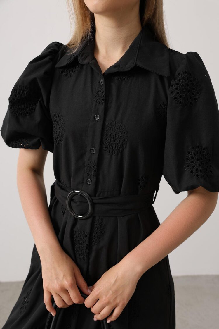 Embroidered Dress With Balloon Sleeve Belt