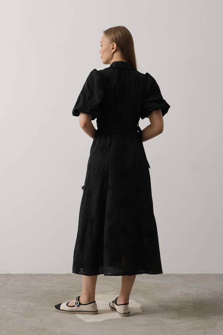Embroidered Dress With Balloon Sleeve Belt