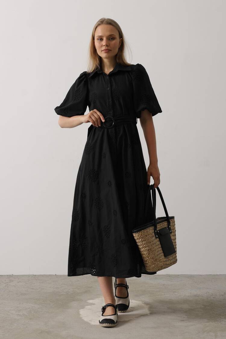 Embroidered Dress With Balloon Sleeve Belt