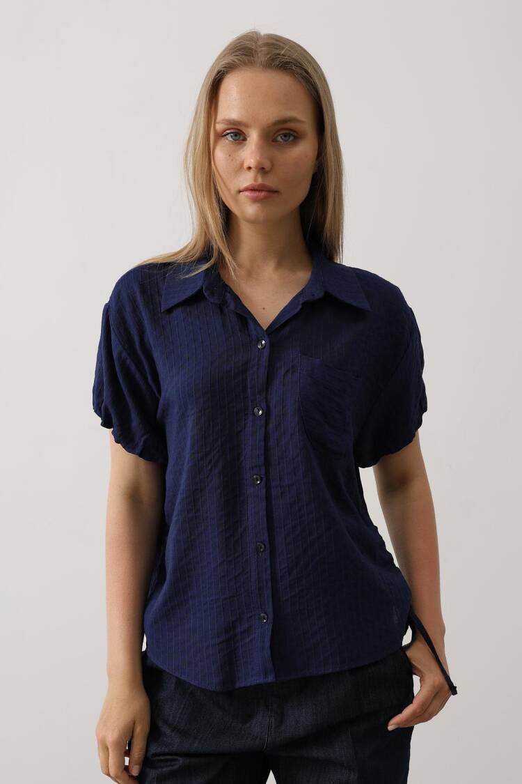Side Drawstring Short Balloon Sleeve Shirt - Navy