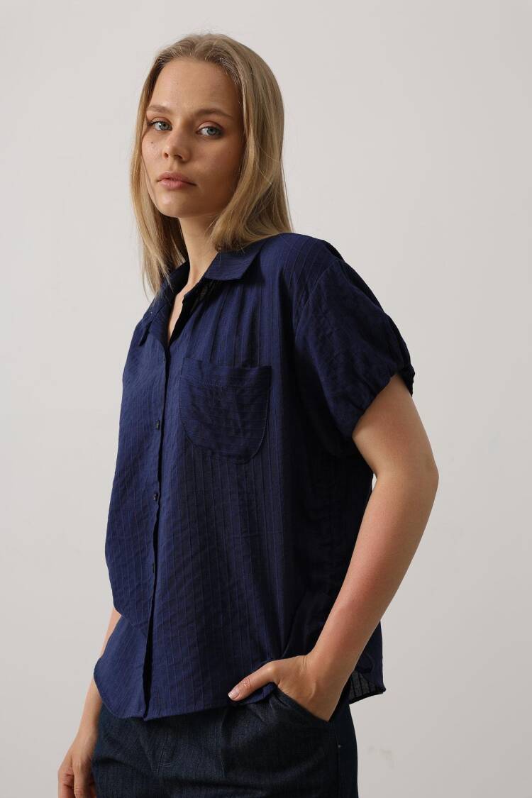 Side Drawstring Short Balloon Sleeve Shirt - Navy